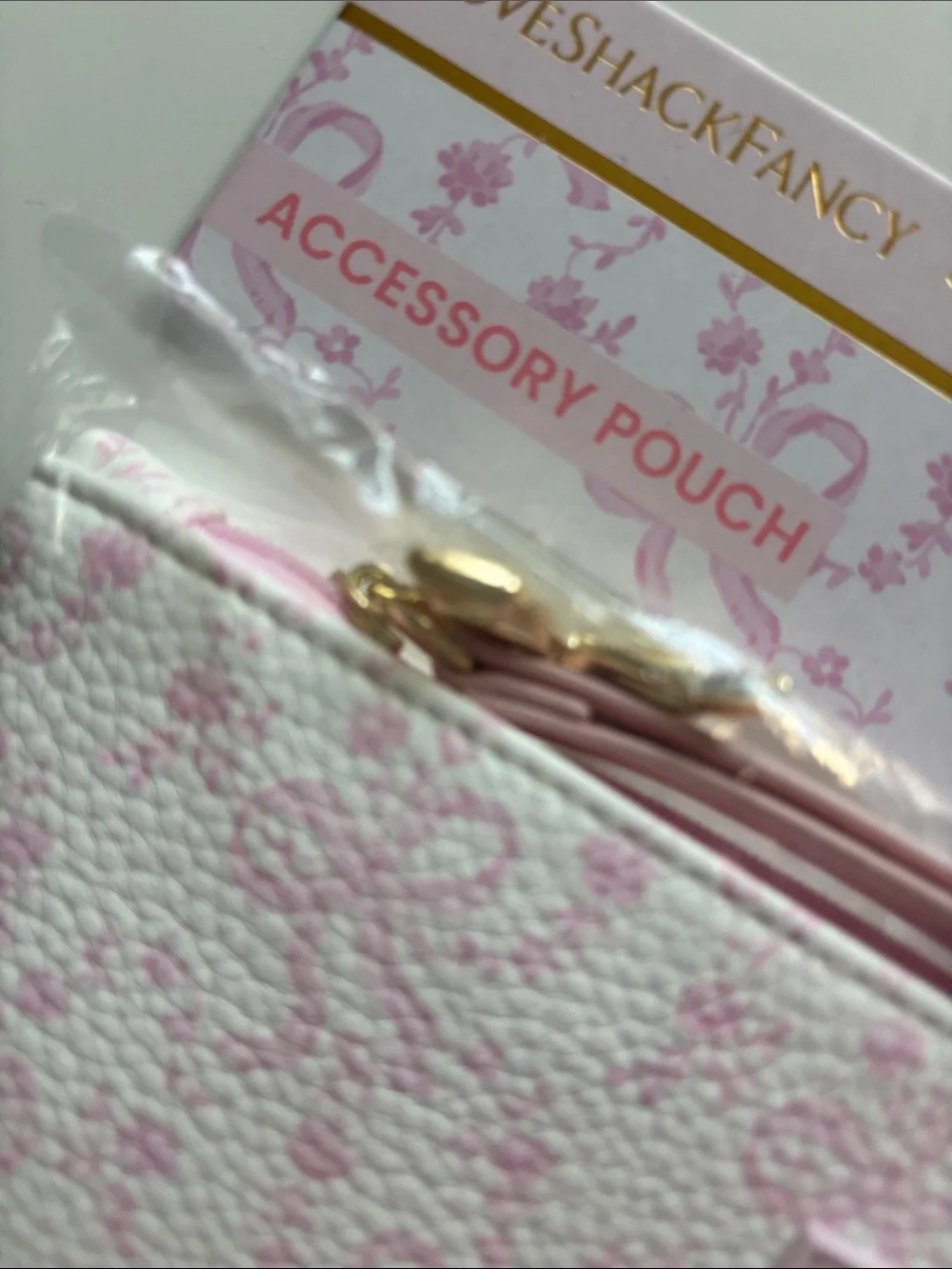 New - LoveShackFancy Pink Coquette Gold Bow Zipper Pouch/Wristlet w Strap
